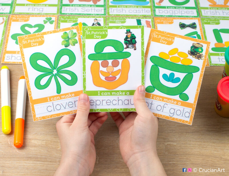 Printable playdough materials for preschool teachers. Saint Patrick Day Play Doh mats with images of Leprechaun, Pot of Gold, Four-Leaf Clover.