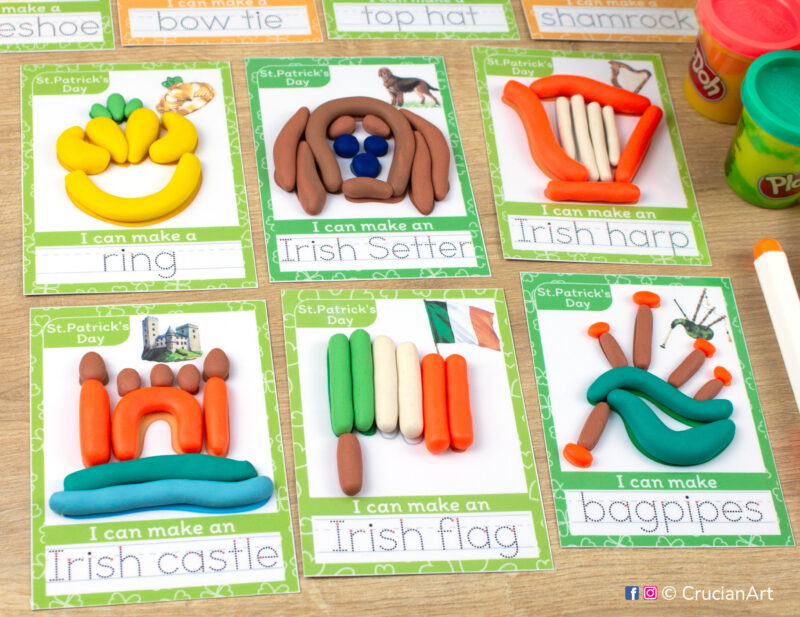 Saint Patrick Day theme playdough mats for toddlers and preschoolers with images of Irish Castle, Irish Flag, Claddagh Ring, Bagpipes, Irish Setter dog.