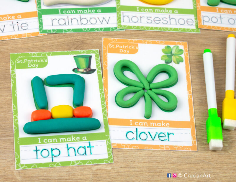 Saint Patrick Day themed playdough mats with images and words of Green Top Hat and Four-Leaf Clover. Educational playdough printables for early childhood curriculum.