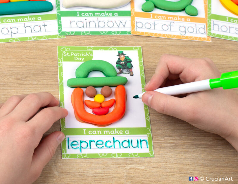 Printable Saint Patrick Day playdough mats. Holiday play dough mat with a Leprechaun. Do-it-yourself language learning educational resources for childcare centers.