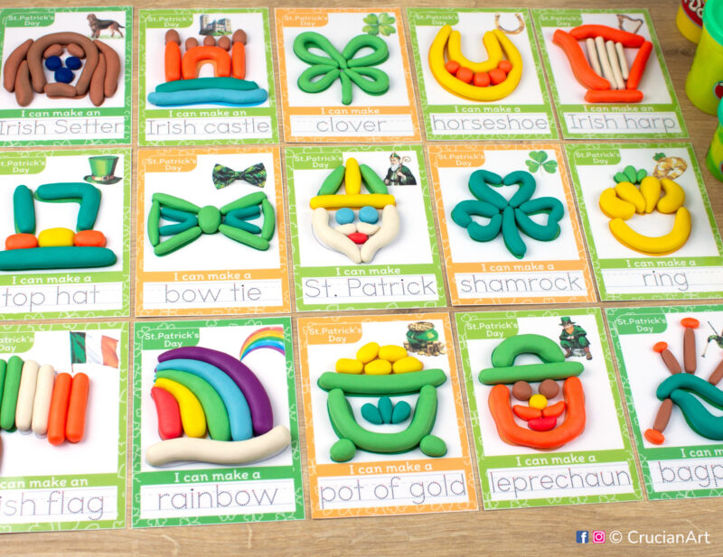 Set of Saint Patrick Day printable materials for playdough sensory station. Playdough mats for Play-Doh with images of St. Patrick, leprechaun, rainbow, pot of gold, lucky horseshoe, Irish flag, shamrock, four-leaf clover, Claddagh ring, top hat, bow tie, Irish Setter, bagpipes, Irish harp, Irish castle.