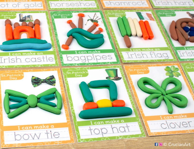 Set of printable playdough mats for Saint Patrick Day learning theme. Holiday symbols of Four-Leaf Clover, Irish Flag, Green Top Hat, Green Bow Tie, Bagpipes, Irish Castle.