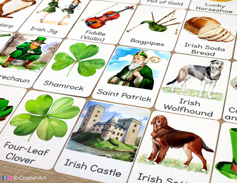 Set of printed Saint Patrick Day theme three-part cards with watercolor illustrations of Irish Castle, Irish Setter, Shamrock, Irish Wolfhound, Four-Leaf Clover and Leprechaun