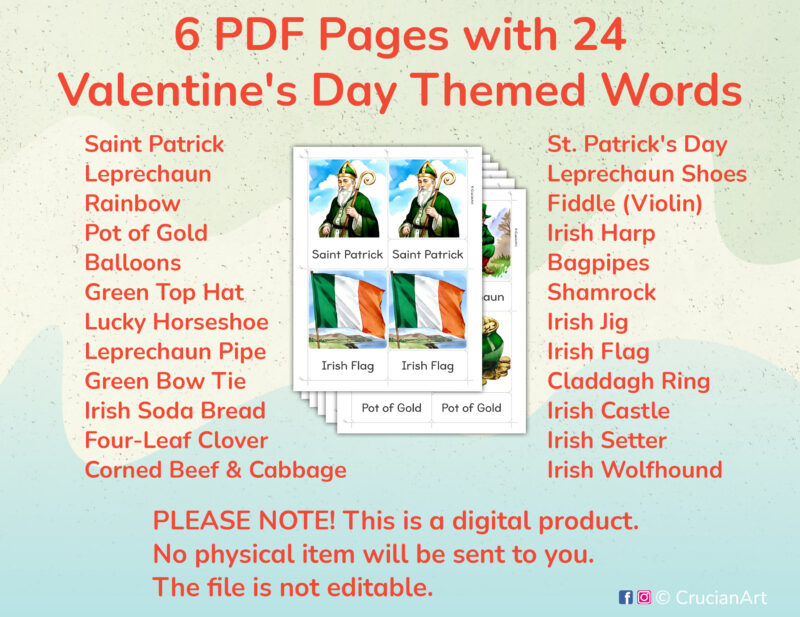 Printable Saint Patrick Day three part cards for Preschool and Kindergarten Spring Holiday Unit Activities