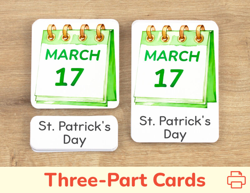 March 17th three part cards set: flashcard, watercolor visual card, and label with matching word. Saint Patrick Day holiday printable educational resource for Spring curriculum.