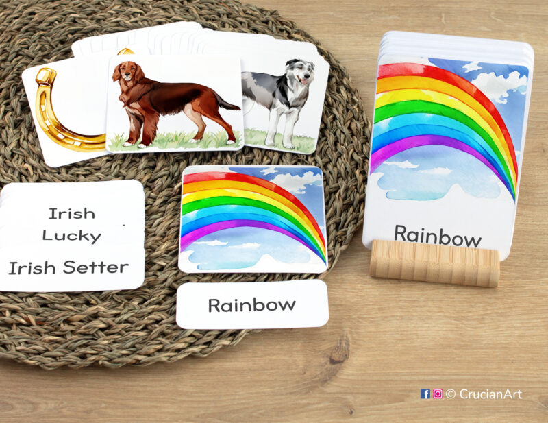 Early reading activity using three-part cards: flashcards, word cards, and picture cards. Set of Saint Patrick Day themed sight words for Spring holiday literacy activities.