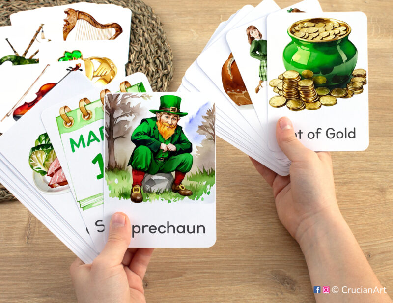 Leprechaun and Pot of Gold with gold coins watercolor flashcards in child hands. Spring unit educational printables.