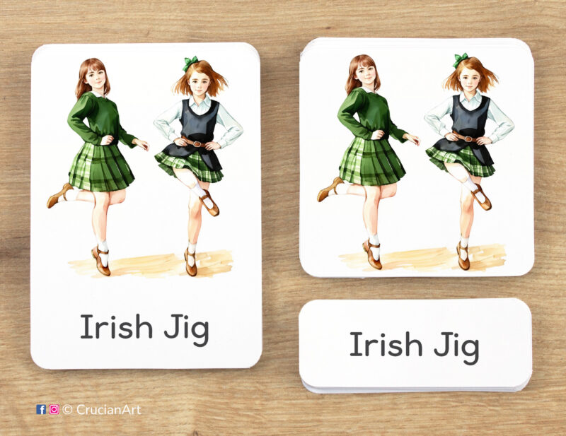 Saint Patrick Day theme 3-part cards homeschool printables. DIY educational resources for Spring Season curriculum. Irish Jig picture card, word card and control card.