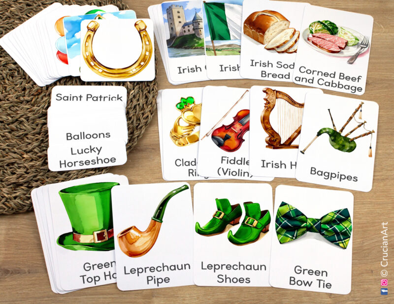 Saint Patrick Day Unit Flashcards featuring Bagpipes, Leprechaun Pipe, Green Bow Tie, Irish Harp, Claddagh Ring, Fiddle Violin, Green Top Hat, Leprechaun Shoes laid out for studying