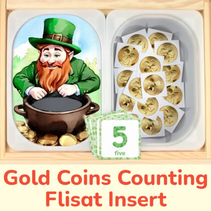 Leprechaun insert and gold coins counters placed on Trofast boxes in IKEA Flisat Children's Sensory Table