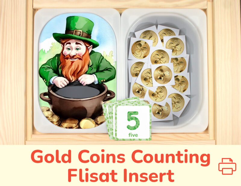 Leprechaun insert and gold coins counters placed on Trofast boxes in IKEA Flisat Children's Sensory Table