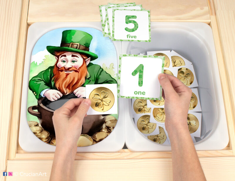 Flisat insert resource in a Montessori preschool: Patrick's Day Leprechaun early math counting activity placed on an IKEA Children's Sensory Table.