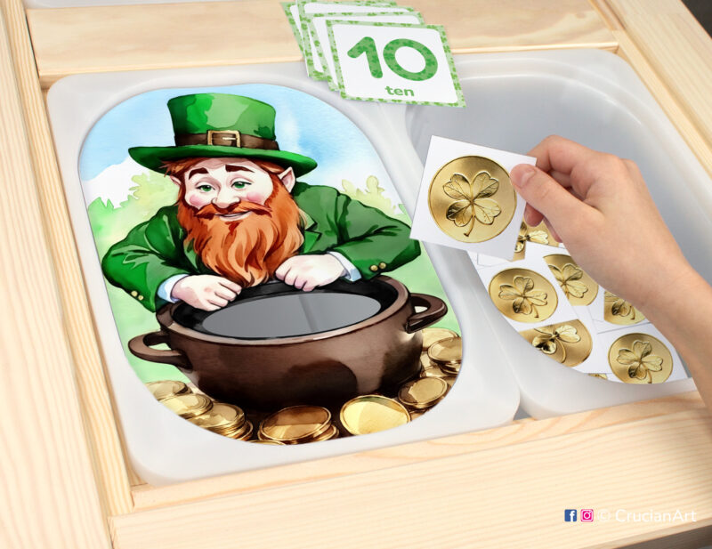 Leprechaun sensory play in a childcare center: classroom learning printable materials for a Saint Patrick's Day holiday unit.