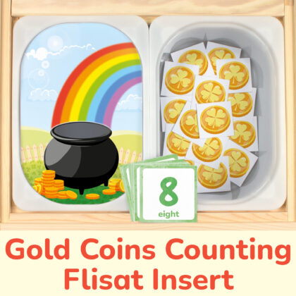 Saint Patrick's Day themed insert for kids sensory bins. Rainbow template and gold coins counters placed on Trofast boxes in IKEA Flisat Children's Sensory Table.