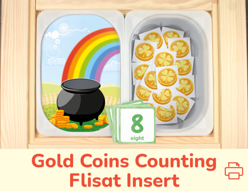 Saint Patrick's Day themed insert for kids sensory bins. Rainbow template and gold coins counters placed on Trofast boxes in IKEA Flisat Children's Sensory Table.