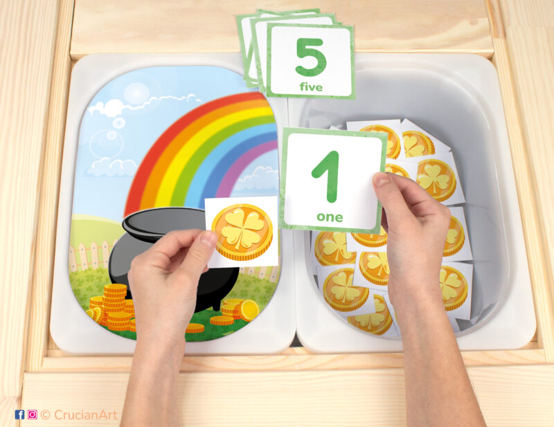 St. Patrick's Day theme Flisat insert resource in a Montessori preschool: early math counting activity placed on an IKEA Children's Sensory Table. Leprechaun Pot of Gold and Rainbow illustration for kids sensory table insert.