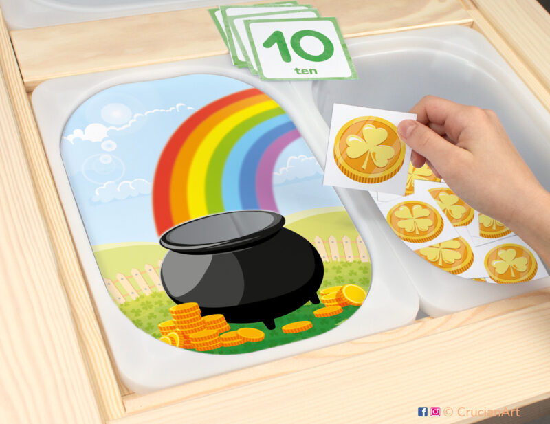 Leprechaun Pot of Gold and Rainbow theme sensory play in a childcare center: classroom learning printable materials for a Saint Patrick's Day holiday unit. Counting Trofast insert template for kids sensory bins. Printables for the IKEA Flisat Sensory Table.