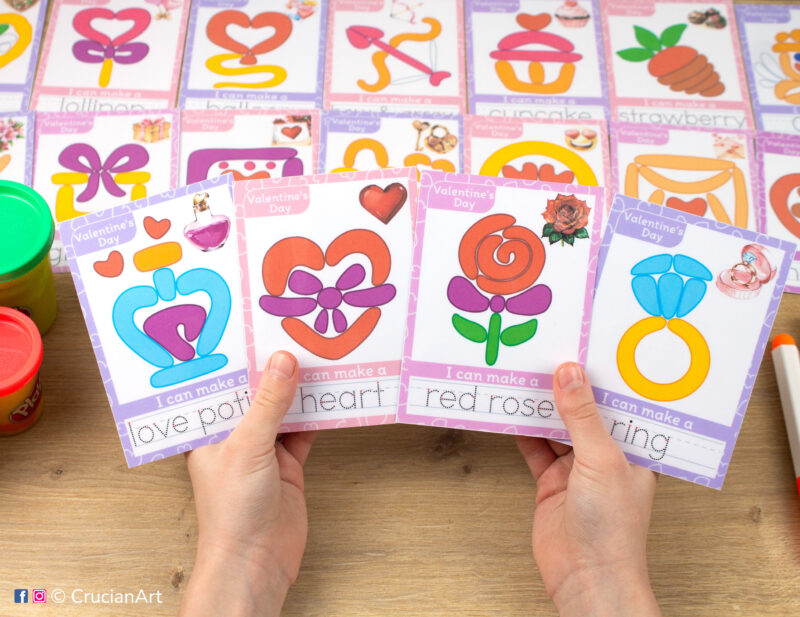 Printable playdough materials for preschool teachers. Saint Valentine Day Play Doh mats with images of Red Rose, Heart, Ring, Love Potion.