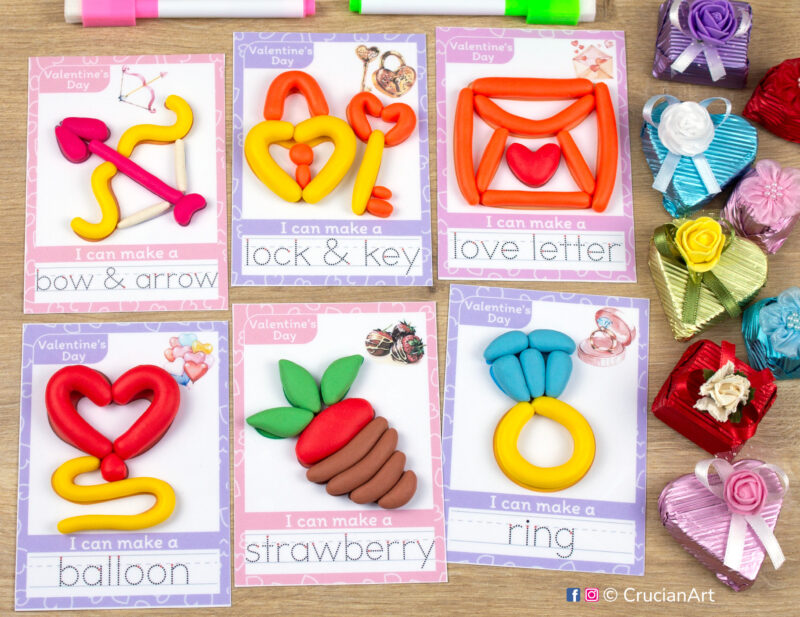 Saint Valentine Day theme playdough mats for toddlers and preschoolers with images of Love Letter, Strawberry, Balloon, Bow and Arrow, Lock and Key, and Ring.