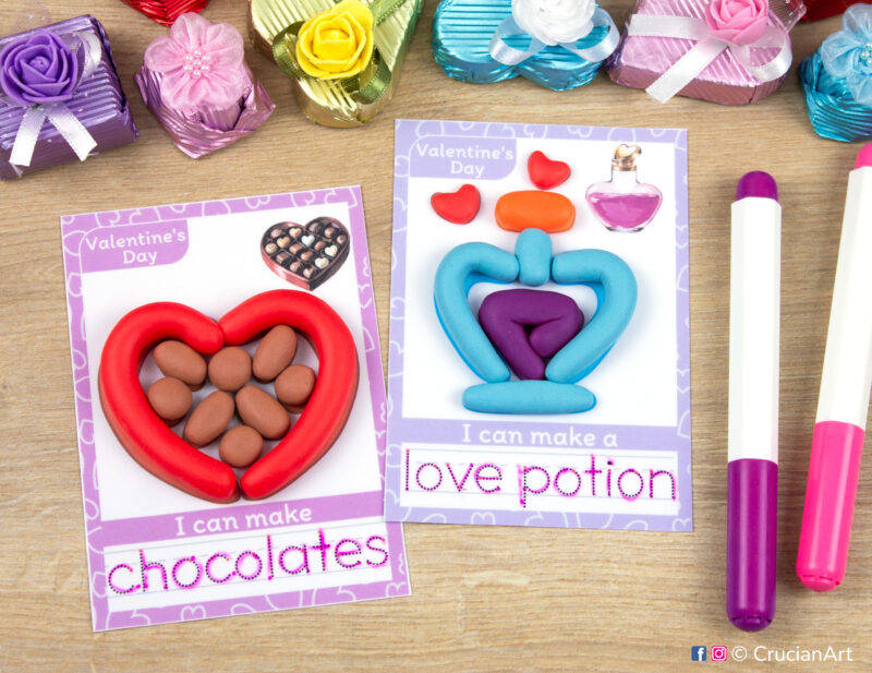 Saint Valentine Day themed playdough mats with images and words of Love Potion and Chocolates. Educational playdough printables for early childhood curriculum.