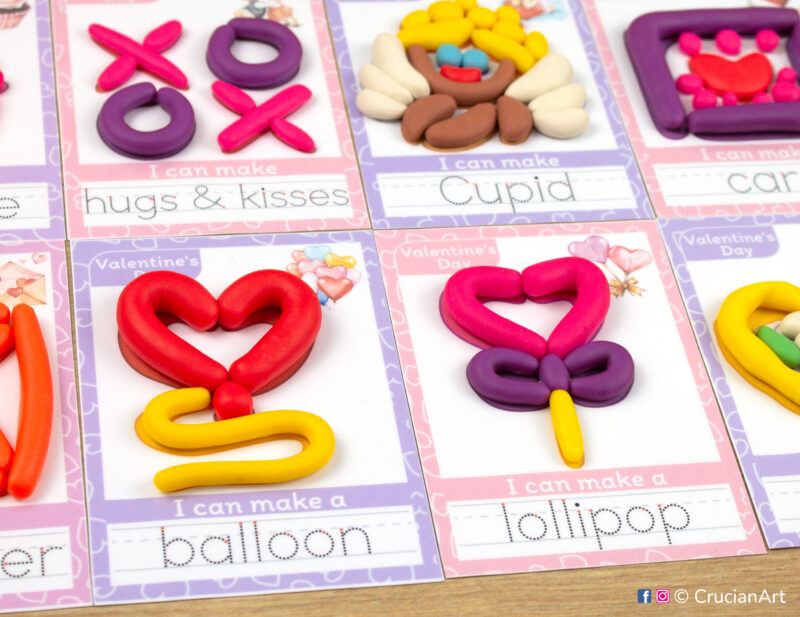 Set of printable playdough mats for Saint Valentine Day learning theme. Holiday symbols of Cupid Balloon, Lollipop, Hugs and Kisses.