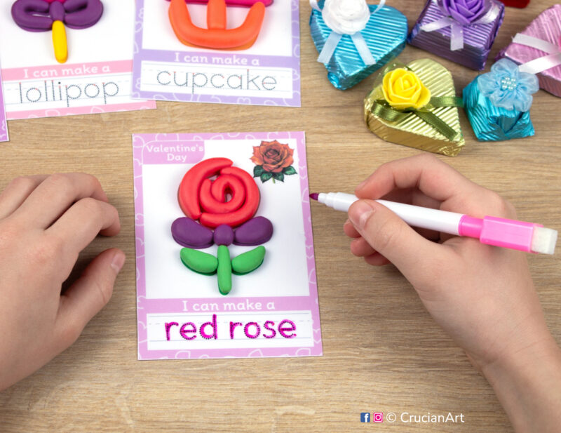 Printable Saint Valentine Day playdough mats. Holiday play doh mat with a Red Rose. Do-it-yourself language learning educational resources for childcare centers.