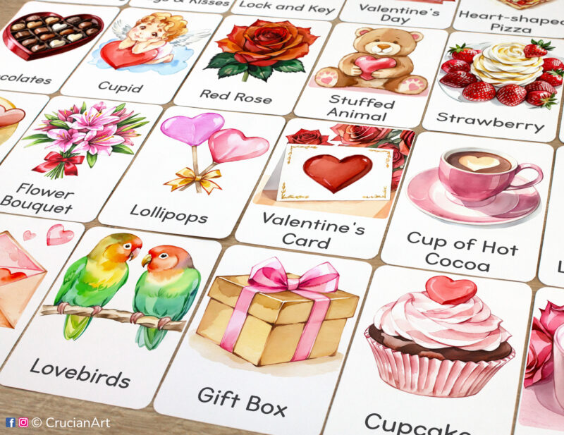 Set of printed Saint Valentine Day theme three-part cards with watercolor illustrations of Gift Box, Lovebirds, Valentine Card, Heart-shaped Lollipops, and Cupcake.