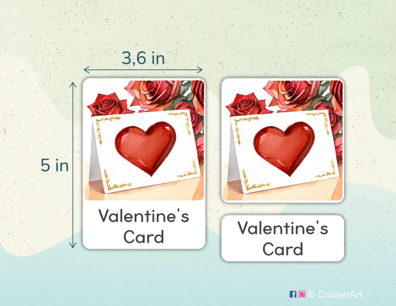 Saint Valentine Day theme 3-part cards homeschool printables. DIY educational resources for winter holiday curriculum. Valentine Card watercolor illustration.