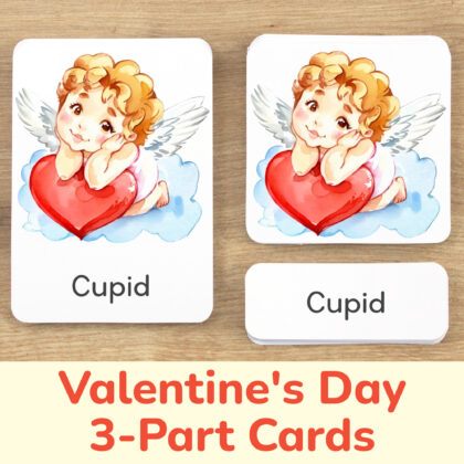 Cupid three part cards set: flashcard, watercolor visual card, and label with matching word. Saint Valentine Day holiday printable educational resource for winter curriculum.