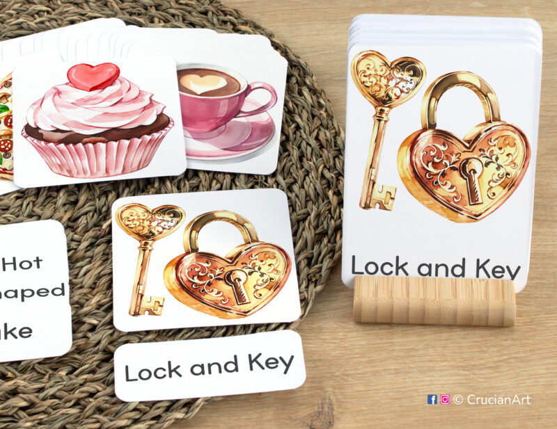 Early reading activity using three-part cards: Lock and Key flashcard, word card, and picture card. Set of Saint Valentine Day themed sight words for winter literacy activities.