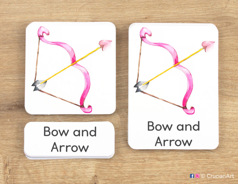 Saint Valentine Day theme 3-part cards homeschool printables. DIY educational resources for Winter Season curriculum. Bow and Arrow picture card, word card and control card.