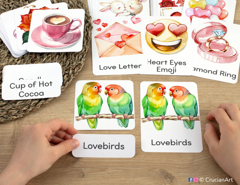 Three-part cards in practice: toddler pairing word label with corresponding Lovebirds image card. Saint Valentine Day themed printable materials for holiday week and winter unit classroom activities.