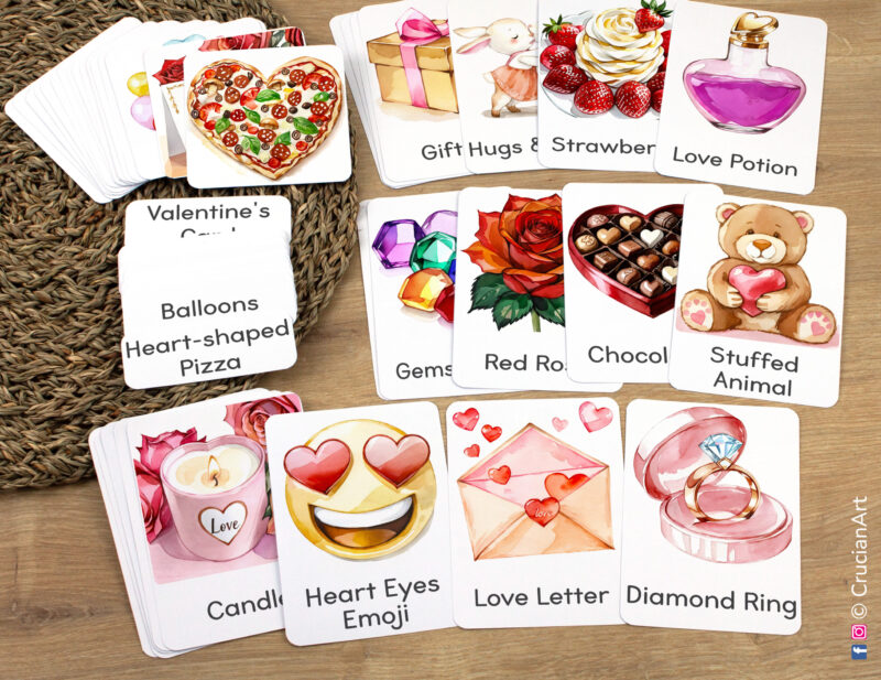 Saint Valentine Day Unit Flashcards featuring Red Rose, Teddy Bear, Love Letter, Diamond Ring, Heart Eyes Emoji, Chocolates laid out for studying