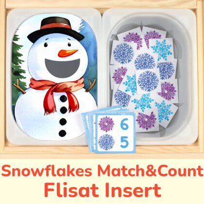 Snowman insert and snowflake count and match pieces placed on Trofast boxes in IKEA Flisat Children's Sensory Table
