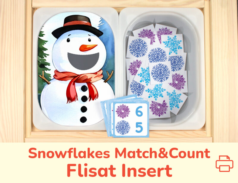 Snowman insert and snowflake count and match pieces placed on Trofast boxes in IKEA Flisat Children's Sensory Table