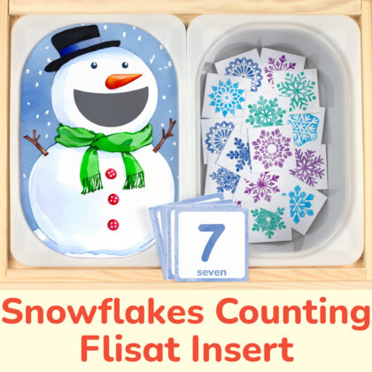 Snowman insert and snowflake counters placed on Trofast boxes in IKEA Flisat Children's Sensory Table