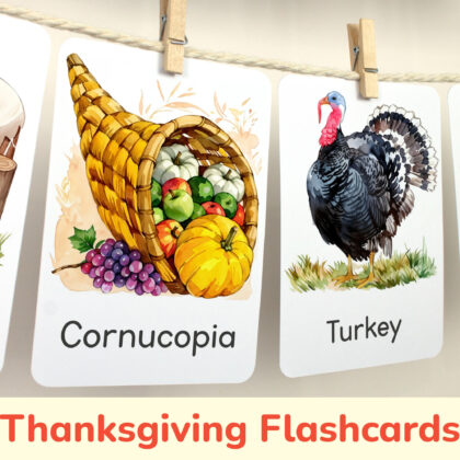 Cornucopia and Turkey watercolor flashcards hanging on twine with small wooden clothespins. Thanksgiving Day Holiday curriculum classroom resources.