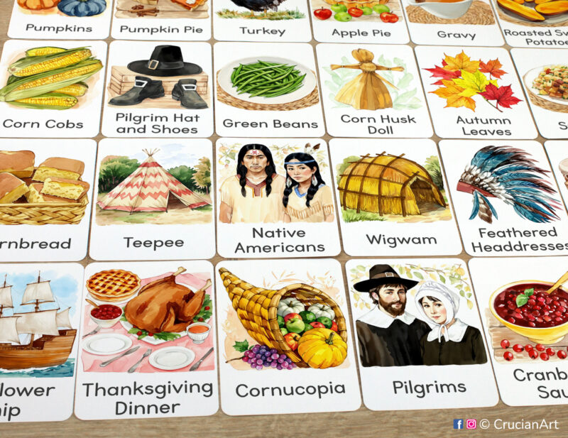 Set of Thanksgiving Day Holiday flashcards laid out on the table for the fall season educational activity. Images of Cornucopia, Pilgrims, Native Americans, Teepee, Wigwam, Corn Husk Doll, Pilgrim Hat and Shoes, Feathered Headdresses.