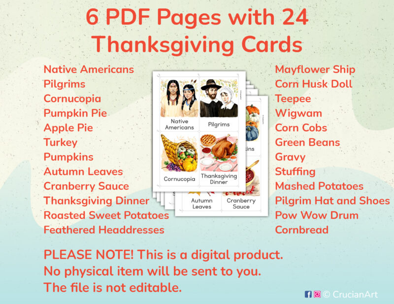 Printable Thanksgiving Day Holiday Flashcards for Preschool and Kindergarten Autumn Season Unit Activities