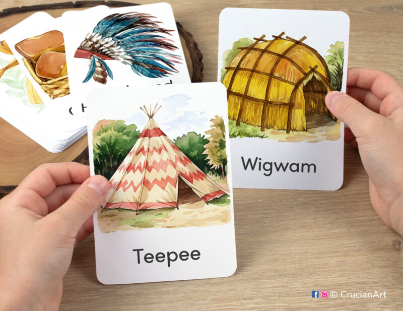 Preschooler hands holding flashcards with watercolor images of Teepee and Wigwam. Set of fall holiday season visual cards. Thanksgiving Day week printables.