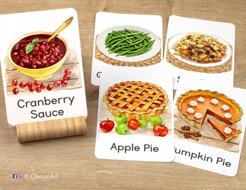 Thanksgiving Day Season Flashcards featuring watercolor images of Pumpkin Pie, Apple Pie, Cranberry Sauce, Green Beans, and Stuffing, ready for autumn learning activity