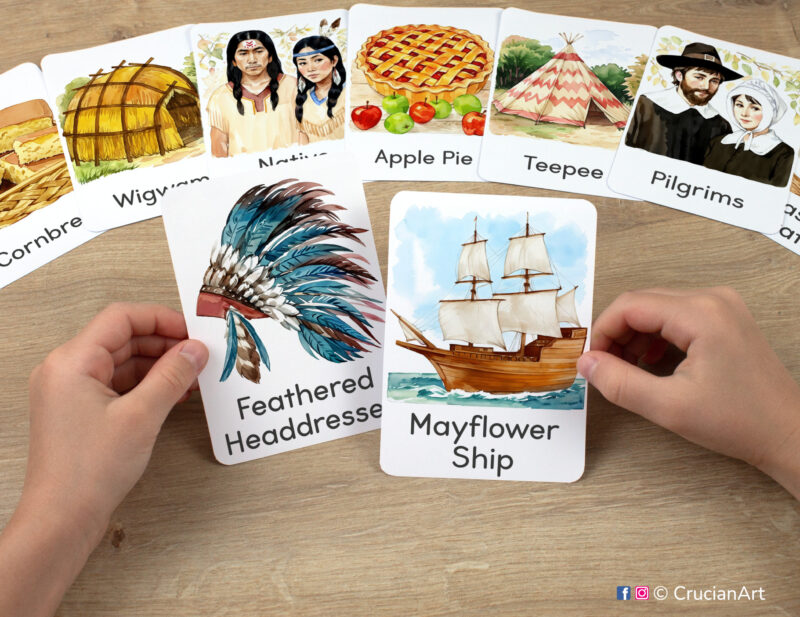 Thanksgiving Day Season watercolor illustrations of Mayflower Ship and Feathered Headdresses flashcards in kindergartener hands. Set of North American Fall Holiday printable visual cards.