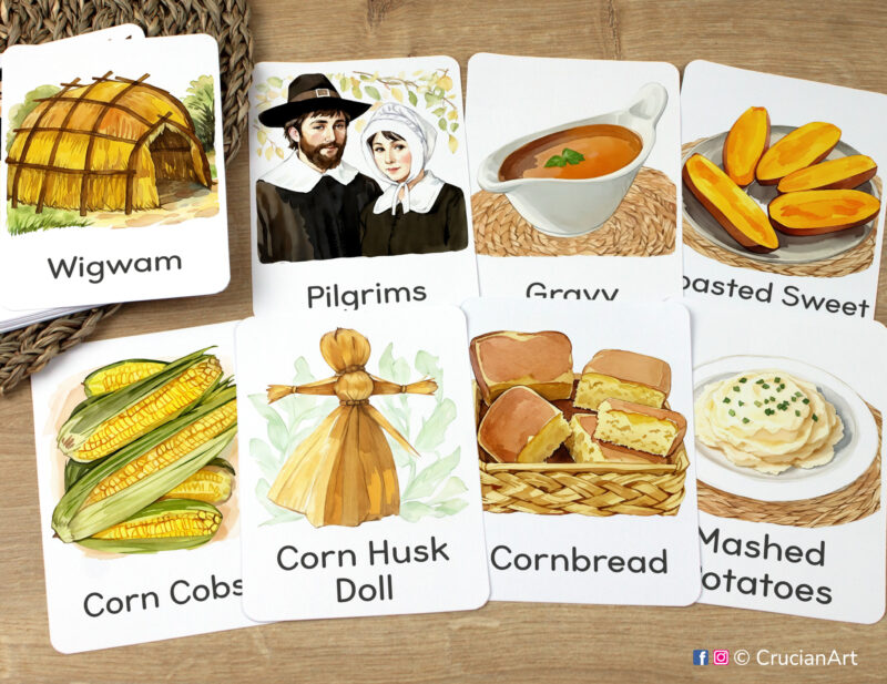 Thanksgiving Day Holiday Unit flashcards featuring Pilgrims, Corn Husk Doll, Cornbread, Wigwam, Gravy laid out for studying