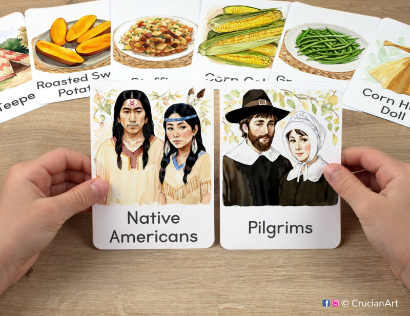 Native Americans and Pilgrims watercolor flashcards in child hands. Thanksgiving Day Holiday unit educational printables for fall season.