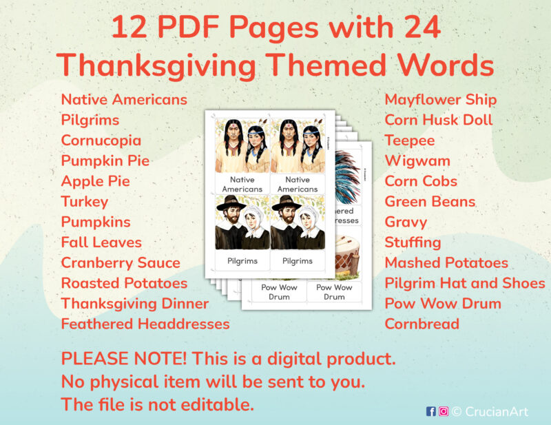 Printable Thanksgiving Day Holiday three part cards for preschool and kindergarten Autumn Season unit activities