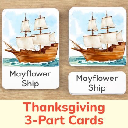 Thanksgiving Day Holiday three part cards set: flashcard, watercolor visual card, and label with matching word. North American Autumn Season theme printable educational resource for preschool fall study unit. Pilgrims Mayflower Ship watercolor illustration.