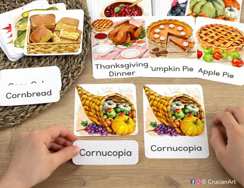 Three-part cards in practice: toddler pairing a word label with corresponding Cornucopia image card. Thanksgiving Day Holiday themed printable materials for the fall season week unit.