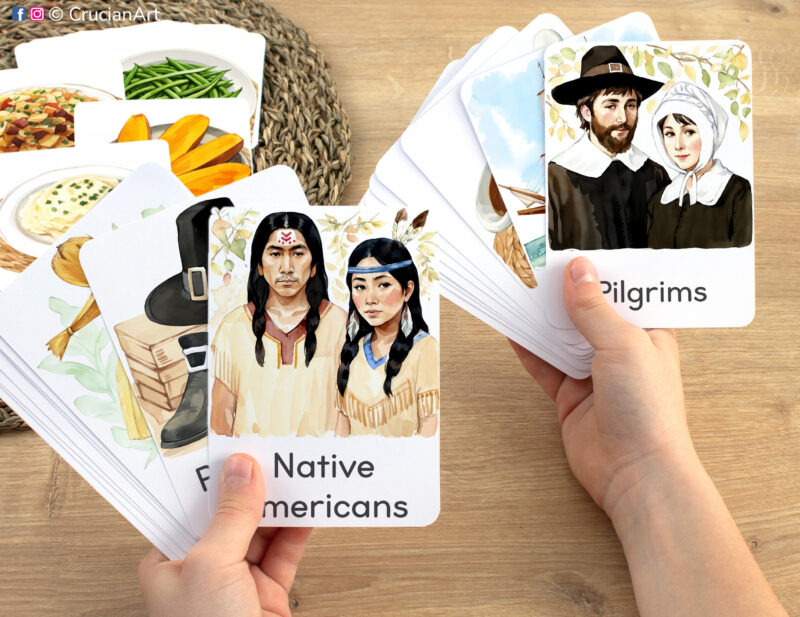 Native Americans and Pilgrims watercolor visual cards in child hands. Thanksgiving Day educational printables for the North American fall holiday study unit.