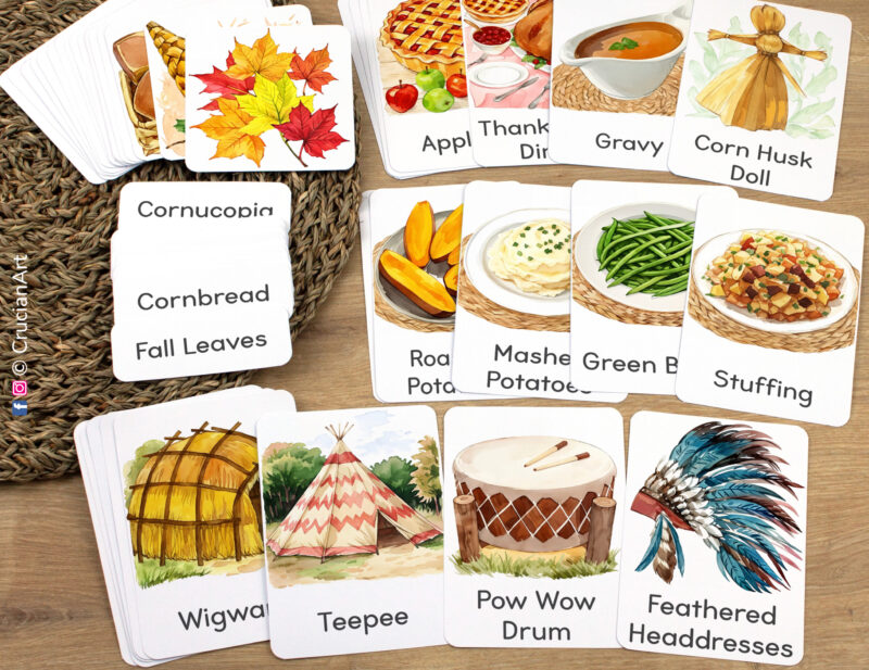 Thanksgiving Day Holiday flashcards featuring Teepee, Wigwam, Pow Wow Drum, Feathered Headdresses laid out for studying. Printable resources for the Native Americans week unit.