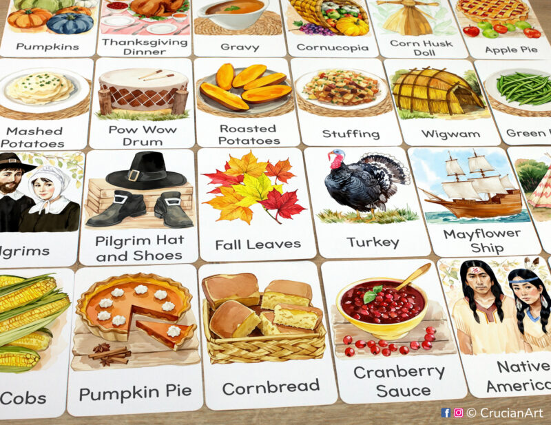Set of Thanksgiving Day Holiday flashcards laid out on the table for the fall season educational activity: Native Americans, Mayflower Ship, Pumpkin Pie, Cornbread, Pilgrims, Corn Cobs, Turkey